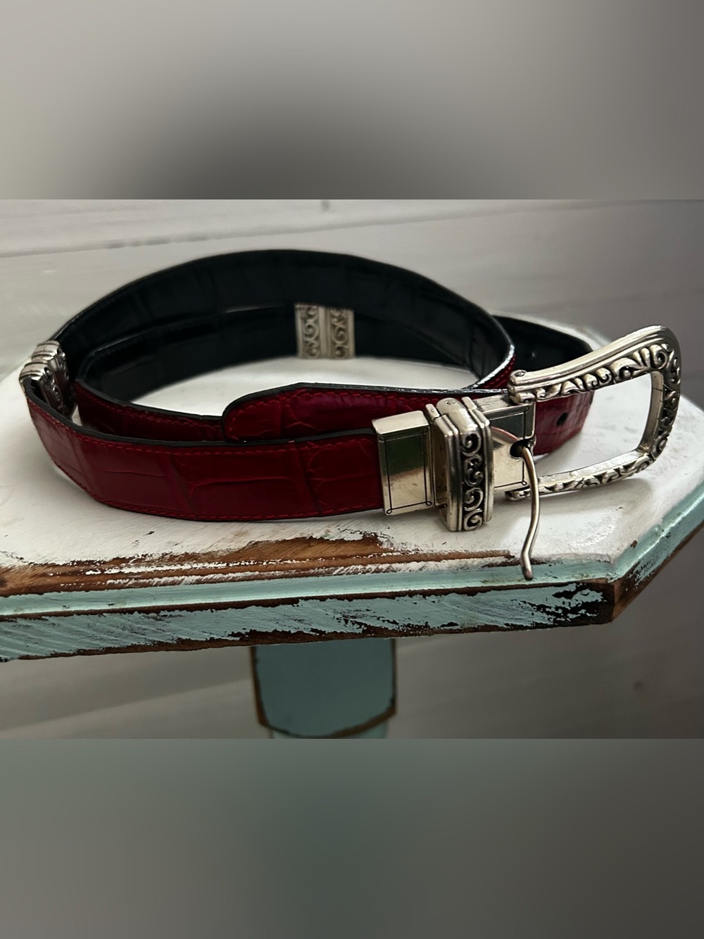 Brighton reversible belt, black/red leather, silver accents, women’s size XL.